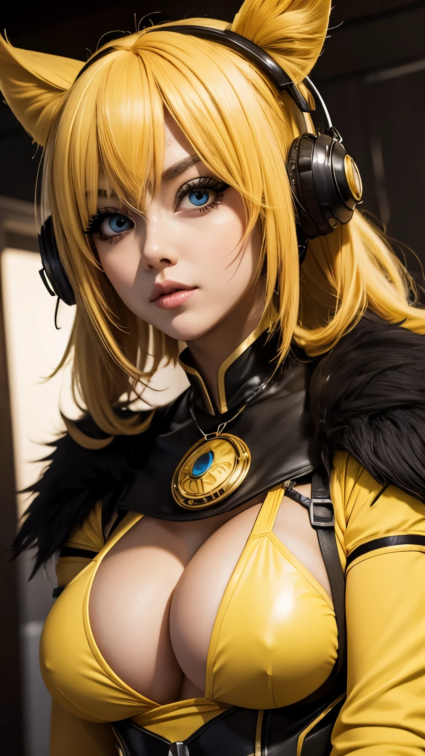 Cindy Aurum Cosplay, sexy, big tits, big eyes, long lashes, yellow