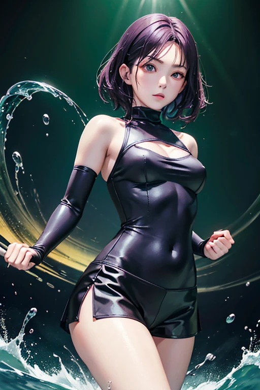 (Finest quality)),(A high resolution),(ultra-detailled art),(Meticulous portrayal),((Best Anime)),(Finest works of art),sharpness,Clear,Ultra-Precision Art,The art of astounding depiction, (Female Ninja in the Dark:1.3),
short Hair,
purple hair, vibrant purple hair, extremely detailed hair, bangs,
pretty eyes,
beautiful eyes, detailed eyes, perfect eyes, green eyes,
pretty face,
beautiful lips, soft lips,pretty face, close up face, korean girl, korean beauty, irene, red velvet irene,serious face,
pretty nose,
beautiful nose,
clear skin,
clear skin, white skin, soft skin,
slim body,
small breasts, normal thighs, show navel,
ninja clothes,
ninja outfit, black outfit, black skirt, thigh-level skirt, safety shorts, cycling shorts, ninja shorts, long shorts, ninja armor, female ninja suit,reveal shoulders, show slight cleavage, black top, black thigh-high socks, arm sleeves,
fighting pose,
looking at camera, attack pose, fighting pose,
watery background,
green aura background, evening, green aurora, green glow, yellow glowing fist, water splash behind, waterbender, watery background, in water, big water waves, water element, green floating lights, water circling around the body
low angle,
looking down,