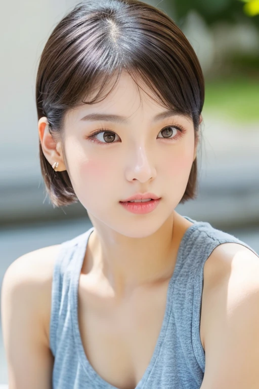 20-year-old women、cute、Upper Body、Realistic、ponytail、short hair、Long Hair、accessories、Natural Makeup