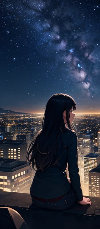 octans, sky, star (sky), scenery, starry sky, night, 1girl, night sky, solo, outdoors, building, cloud, milky way, sitting, tree, long hair, city, silhouette, cityscape  
