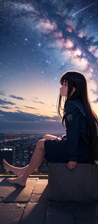 octans, sky, star (sky), scenery, starry sky, night, 1girl, night sky, solo, outdoors, building, cloud, milky way, sitting, tree, long hair, city, silhouette, cityscape  