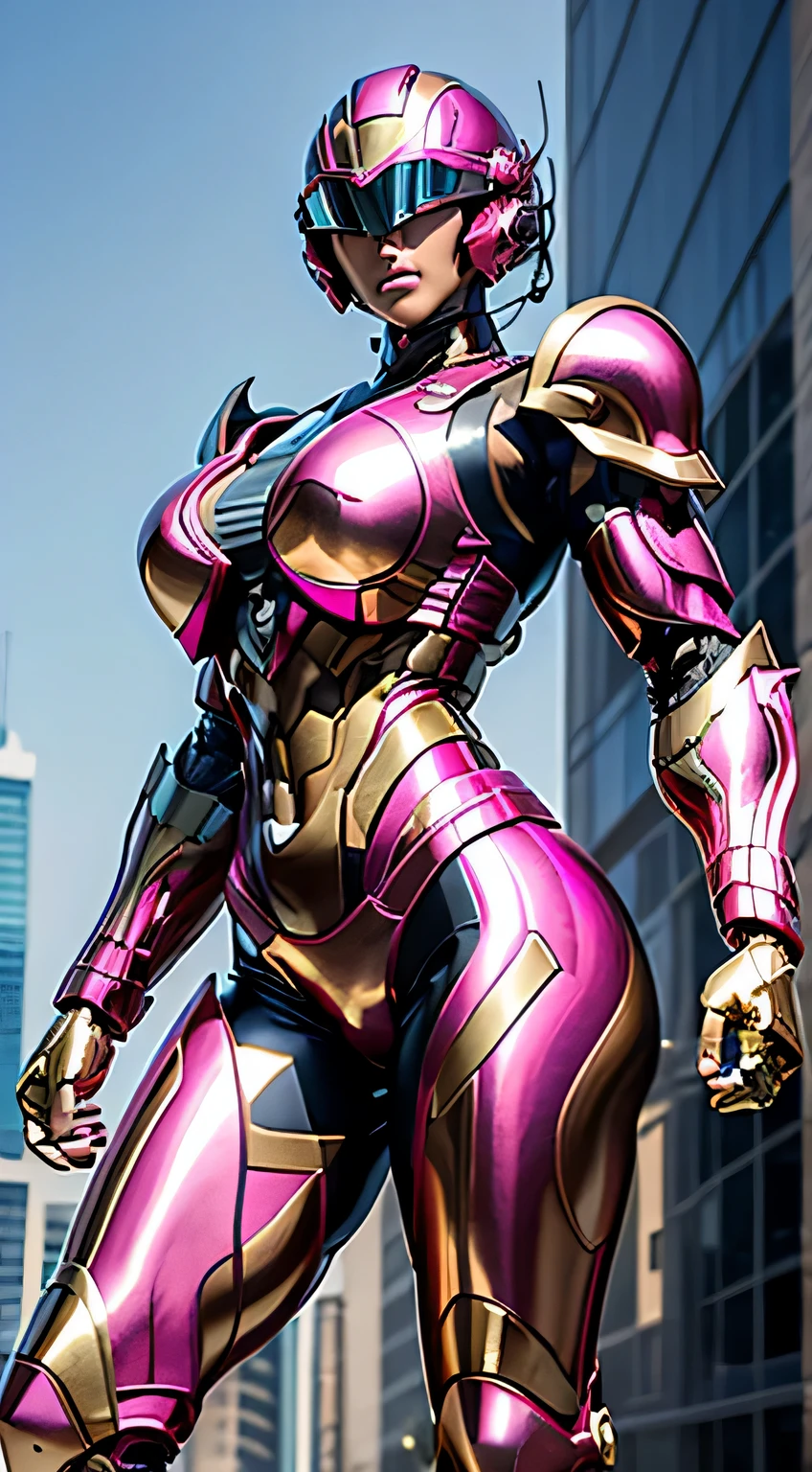 Female Robocop Solo、Bright outdoors、strong light source、8K, high quality, masterpiece, 最high quality、Very detailed、Armor that completely covers the whole body、very large armor、Helmet covering the head、Clear photos、The eyes are hidden by thin, straight goggles:1.3、The lower half of the face is flesh:1.5、Face exposed from nose down:5.0、Luscious lips、Fluorescent pink metallic armor with thin gold lines、Armor that completely covers the chest、Long, slender legs、Vibrant posel body view,Big and ample breasts:1.5, (Sports Body:1.5)、Five Fingers、Photos in the city