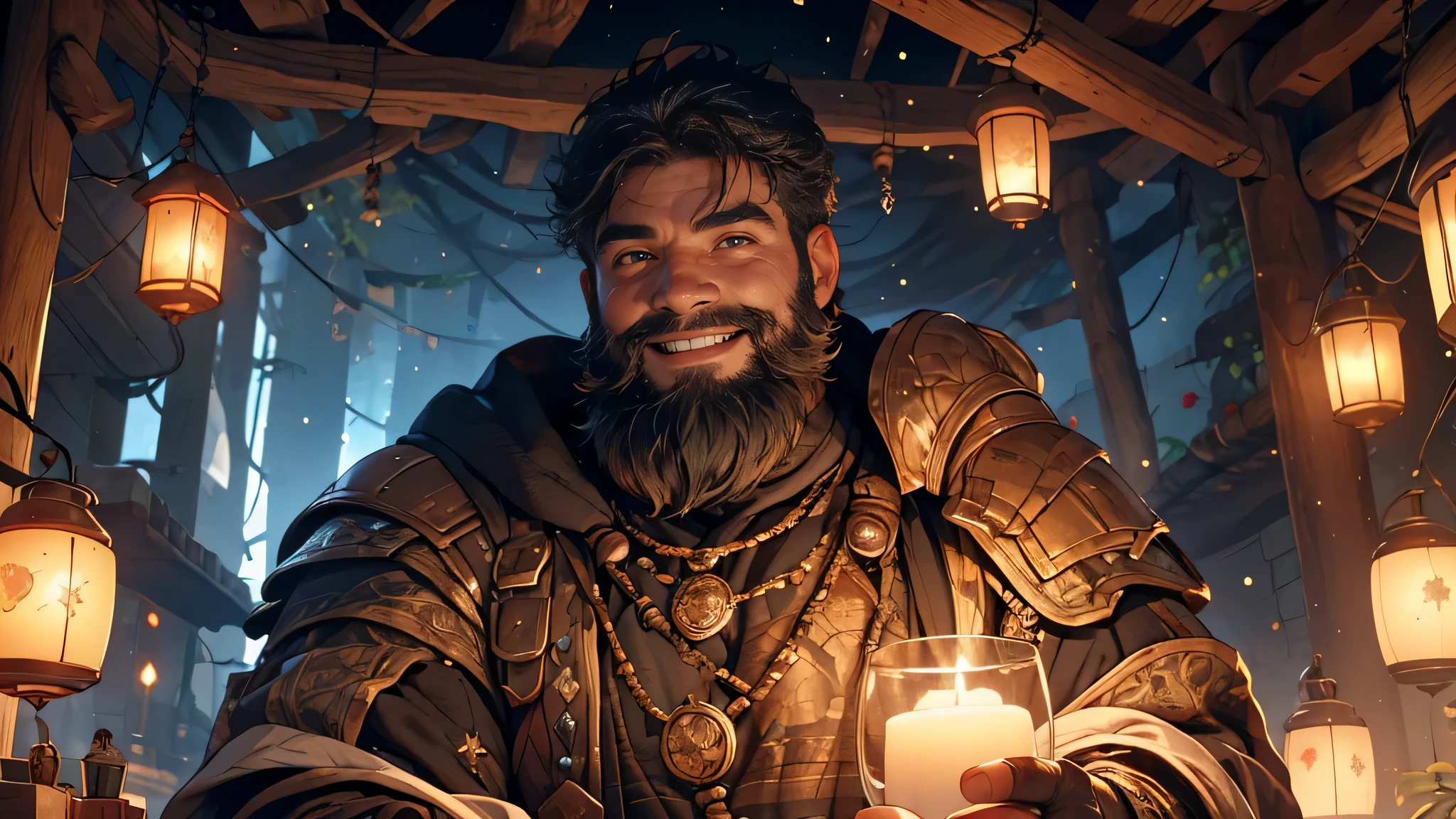 (best quality,4k,8k,highres,masterpiece:1.2),ultra-detailed,(realistic,photorealistic,photo-realistic:1.37),a cheerful dwarf with a well-built and stocky physique is tirelessly digging for valuable minerals in a dimly lit mine. His face is adorned with a bright smile, radiating his infectious joy. His long, curly black hair and beard tastefully contrast against his fair skin, adding a touch of ruggedness to his otherwise friendly appearance. In the flickering glow of the lanterns, his bulging muscles showcase his strength and determination. The mine walls are adorned with veins of glimmering gemstones and the air is filled with the scent of earth and minerals. Illuminated by the warm and subdued light, the dwarf's eyes sparkle with excitement as he unearths precious ores from the depths of the earth. The reflection of the minerals on his hardened hands creates a mesmerizing pattern of colors and textures. With each swing of his sturdy pickaxe, the sound of metal meeting stone echoes throughout the cavernous mine. The dwarf's cheerful demeanor remains unwavering as he continues his search for the hidden treasures beneath the surface.