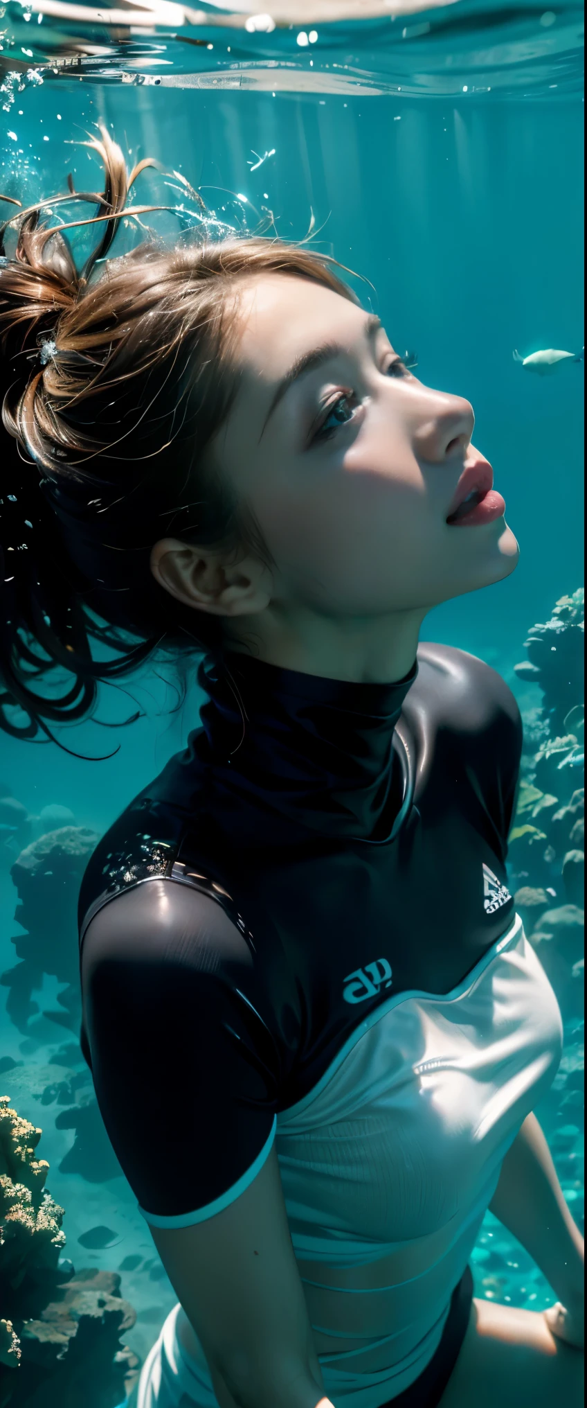 ((masterpiece, highest quality, Highest image quality, High resolution, photorealistic, Raw photo, 8K)), ((Extremely detailed CG unified 8k wallpaper)), (huge stunning goddess shot, very hot and sexy, jaw-dropping beauty, perfect proportions, beautiful body, slim body beauty:1.4), (Scuba diver with equipment and gear underwater, scuba diving, wearing a black wetsuit and scuba mask), diver is under the sea, diver is under the sea, incredible depth, underwater face, extreme depth, amazing depth, bottom angle, having a good time, having fun, exploring, depth, deep depth, profile underwater, looking up underwater, (deep), going even deeper, air bubble,