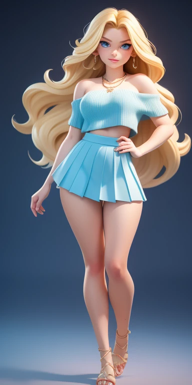 1girl in, 19, Solo, Long hair, Colossal , Looking at Viewer, blonde hair, Bare shoulders, huge breasts, sexy, Blue eyes, jewely, Full body, a necklace, off shoulders, mini pleated skirt, crop top jumper