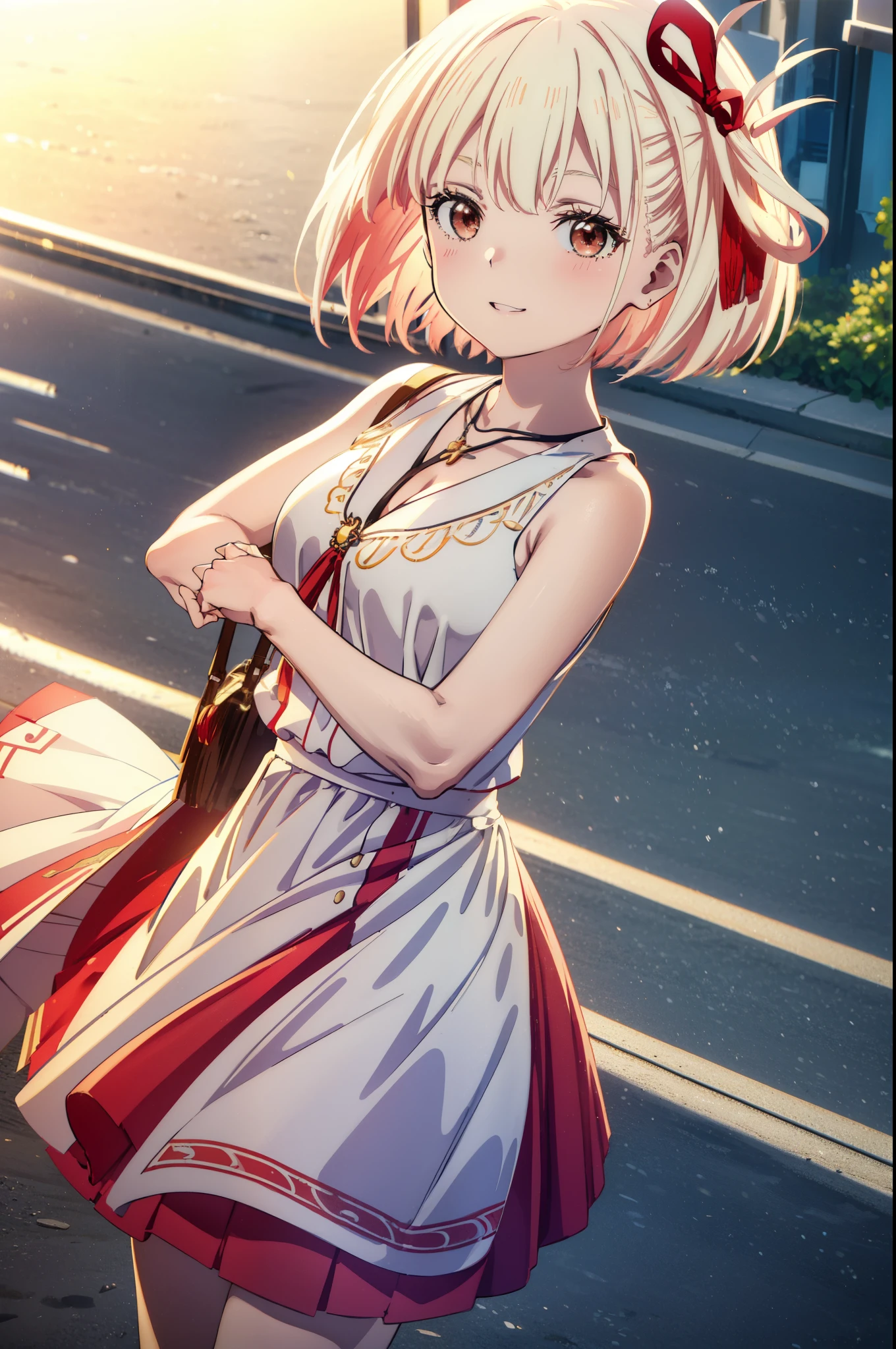 chisatonishikigi, Chisato Nishikigi, Short Hair, bangs, blonde,Bobcut, White hat(Red eyes:1.5), Hair Ribbon,One side up,happy smile, smile, Open your mouth,smile,blush,Red sleeveless dress,White long skirt,Bare arms,Rocket Pendant,Cute Sandals,real summer,sunny,It's as if your whole body is in the illustration., break outdoors, Coastal Road, break looking at viewer, (Cowboy Shot:1.5), break (masterpiece:1.2), highest quality, High resolution, unity 8k wallpaper, (shape:0.8), (Beautiful details:1.6), Highly detailed face, Perfect lighting, Highly detailed CG, (Perfect hands, Perfect Anatomy),