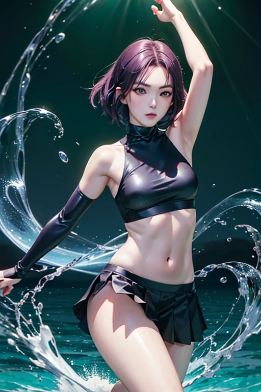 (Finest quality)),(A high resolution),(ultra-detailled art),(Meticulous portrayal),((Best Anime)),(Finest works of art),sharpness,Clear,Ultra-Precision Art,The art of astounding depiction, (Female Ninja in the Dark:1.3),
short Hair,
purple hair, vibrant purple hair, extremely detailed hair, bangs, short hair only,
pretty eyes,
beautiful eyes, detailed eyes, perfect eyes, green eyes,
pretty face,
beautiful lips, soft lips,pretty face, close up face, korean girl, korean beauty, irene, red velvet irene,serious face,
pretty nose,
beautiful nose,
clear skin,
clear skin, white skin, soft skin,
slim body,
small breasts, normal thighs, show navel, perfect body, perfect hands, sexy thighs,
ninja clothes,
ninja outfit, black outfit, black skirt, thigh-level skirt, pretty skirt, detailed skirt, safety shorts, cycling shorts, ninja shorts, long shorts, ninja armor, female ninja suit,reveal shoulders, show slight cleavage, black top, black thigh-high socks, arm sleeves,
fighting pose,
looking at camera, attack pose, fighting pose,
water element,
water splash behind, waterbender, in water, big water waves, green floating lights,
green aura glowing from the hands, standing in water,
healing element,
green and yellow aura, sparkling green and yellow glow, many green and yellow round lights at the back,
super low-angle shot,
looking down,