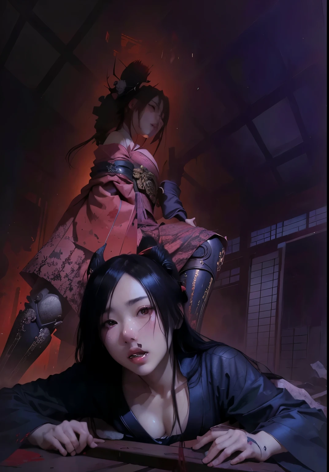 anime scene of a woman with a bloody face and a demon in the background, traditional japanese concept art, rob rey and kentarõ miura, rob rey and kentaro miura style, masayoshi suto and artgerm, ruan jia and joao ruas, inspired by Kanō Hōgai, inspired by Kanō Sanraku