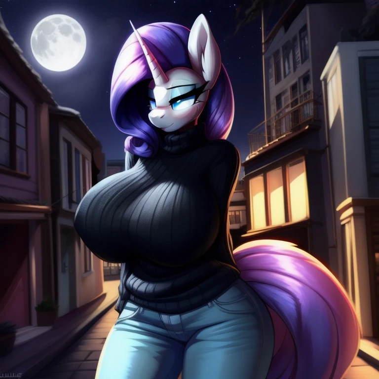 masterpiece, best quality, perfect anatomy, (((by sugarlesspaints, by suurin_2 , by inu-sama))), outside, city, night time, moon, detailed background, buildings, rarity, long hair, black sweater, blue jeans, blue eyes, my little pony, unicorn, horse girl, horse ears, white fur, blue eyeliner, furry female, large breasts, perfect hands, perfect blue eyes, detailed,