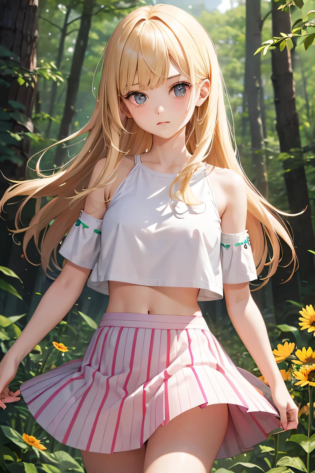 1girl, cute, slender, round face shape with angular jaw, blonde with bangs, black eyes, short crop top, picking wildflowers in a celestial forest, sunshine, stripe socks, pink skirt, windy