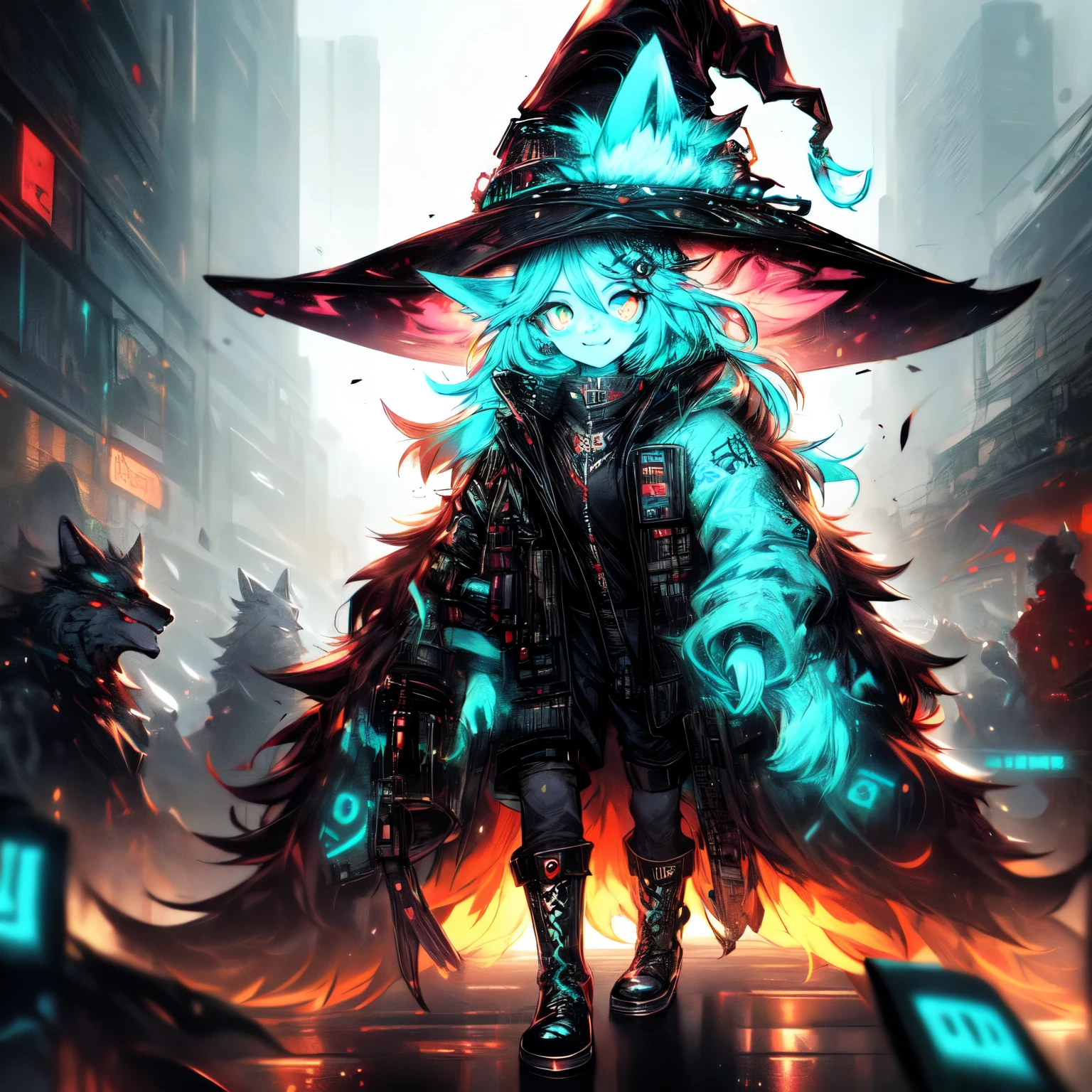 [best quality, Shaded, Extreme details, very detailed, ultra-detailed, complexes, realistic], femme, femme poilue, femme loup, portrait complet du corps, full fur, fourrure magique, queue complète, grande queue, queue magique, cheveux longs ( Colored hair), hat on the head (cyberpunk style witch hat), yeux en amande (couleur turquoise vif), sourire expressif, visage charmant, Witch Outfit (dark color with magic runes, la tenue est de style cyberpunk), collants noirs, chaussures (bottes hautes cyberpunk), ville cyberpunk, the scene takes place on a commercial street. La rue contient des gratte ciel cyberpunk