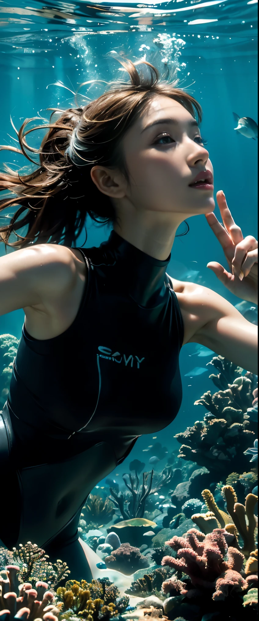 ((masterpiece, highest quality, Highest image quality, High resolution, photorealistic, Raw photo, 8K)), ((Extremely detailed CG unified 8k wallpaper)), (huge stunning goddess shot, very hot and sexy, jaw-dropping beauty, perfect proportions, beautiful body, slim body beauty:1.4), (Scuba diver with equipment and gear underwater, scuba diving, wearing a black wetsuit and scuba mask), diver is under the sea, diver is under the sea, incredible depth, underwater face, extreme depth, amazing depth, bottom angle, having a good time, having fun, exploring, depth, deep depth, profile underwater, looking up underwater, (deep), going even deeper, 