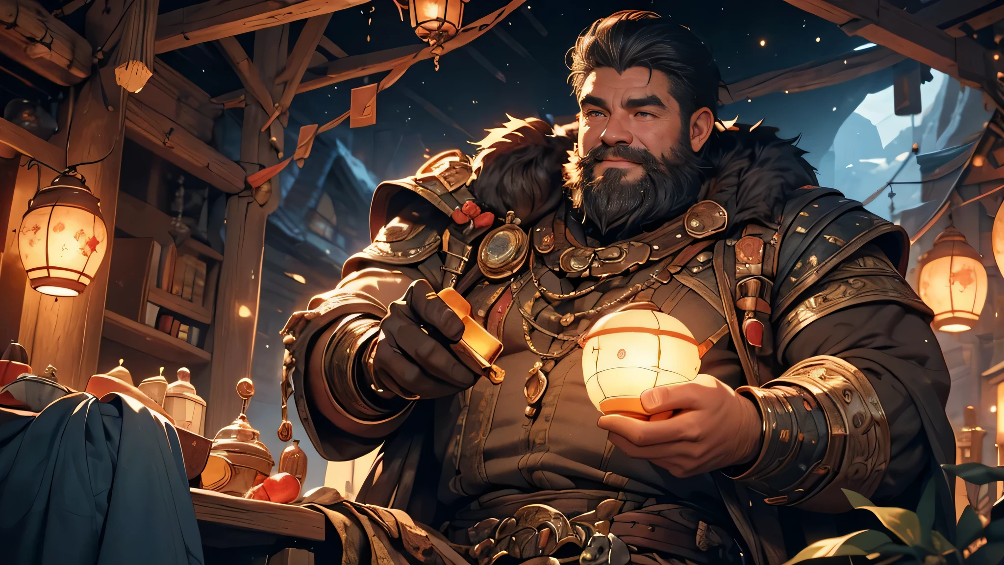 (best quality,4k,8k,highres,masterpiece:1.2),ultra-detailed,(realistic,photorealistic,photo-realistic:1.37),a cheerful dwarf with a well-built and stocky physique is tirelessly digging for valuable minerals in a dimly lit mine. His face is adorned with a bright smile, radiating his infectious joy. His long, curly black hair and beard tastefully contrast against his fair skin, adding a touch of ruggedness to his otherwise friendly appearance. In the flickering glow of the lanterns, his bulging muscles showcase his strength and determination. The mine walls are adorned with veins of glimmering gemstones and the air is filled with the scent of earth and minerals. Illuminated by the warm and subdued light, the dwarf's eyes sparkle with excitement as he unearths precious ores from the depths of the earth. The reflection of the minerals on his hardened hands creates a mesmerizing pattern of colors and textures. With each swing of his sturdy pickaxe, the sound of metal meeting stone echoes throughout the cavernous mine. The dwarf's cheerful demeanor remains unwavering as he continues his search for the hidden treasures beneath the surface.