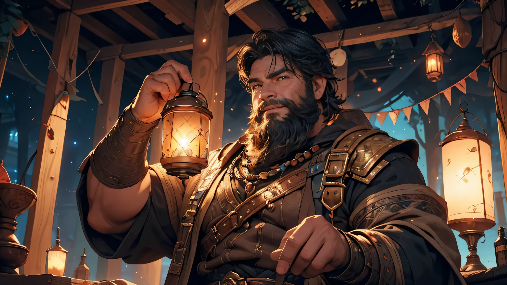 (best quality,4k,8k,highres,masterpiece:1.2),ultra-detailed,(realistic,photorealistic,photo-realistic:1.37),a cheerful dwarf with a well-built and stocky physique is tirelessly digging for valuable minerals in a dimly lit mine. His face is adorned with a bright smile, radiating his infectious joy. His long, curly black hair and beard tastefully contrast against his fair skin, adding a touch of ruggedness to his otherwise friendly appearance. In the flickering glow of the lanterns, his bulging muscles showcase his strength and determination. The mine walls are adorned with veins of glimmering gemstones and the air is filled with the scent of earth and minerals. Illuminated by the warm and subdued light, the dwarf's eyes sparkle with excitement as he unearths precious ores from the depths of the earth. The reflection of the minerals on his hardened hands creates a mesmerizing pattern of colors and textures. With each swing of his sturdy pickaxe, the sound of metal meeting stone echoes throughout the cavernous mine. The dwarf's cheerful demeanor remains unwavering as he continues his search for the hidden treasures beneath the surface.