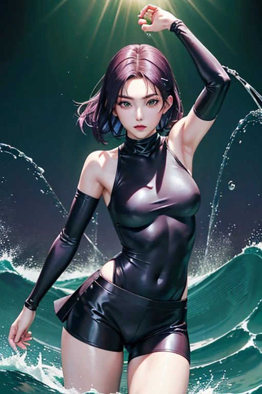 (Finest quality)),(超A high resolution),(ultra-detailled art),(Meticulous portrayal),((Best Anime)),(Finest works of art),sharpness,Clair,Ultra-Precision Art,The art of astounding depiction, (Female Ninja in the Dark:1.3), red hair, extremely detailed hair, short hair, bangs, beautiful eyes, detailed eyes, perfect eyes, double eyelid, green eyes, beautiful lips, soft lips, clear skin, soft skin, ninja outfit, looking at camera, pretty face, close up face, ninja armor, female ninja suit, reveal shoulders, show cleavage, korean girl, korean beauty, 24 years old, sexy, with water aura, water splash behind, green aura, healing power, healing aura, water power, armoured bra, bra suit, detailed face, fighting stance, serious face, holding a sword, slim body, ninja pose, attack pose,
