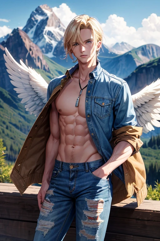 Man with blond hair, slim muscular complexion with large brown eagle wings, blue eyes, wearing an open denim jacket, shirt with the print of the USA flag, blue jeans, looking straight at the viewer, mountain background