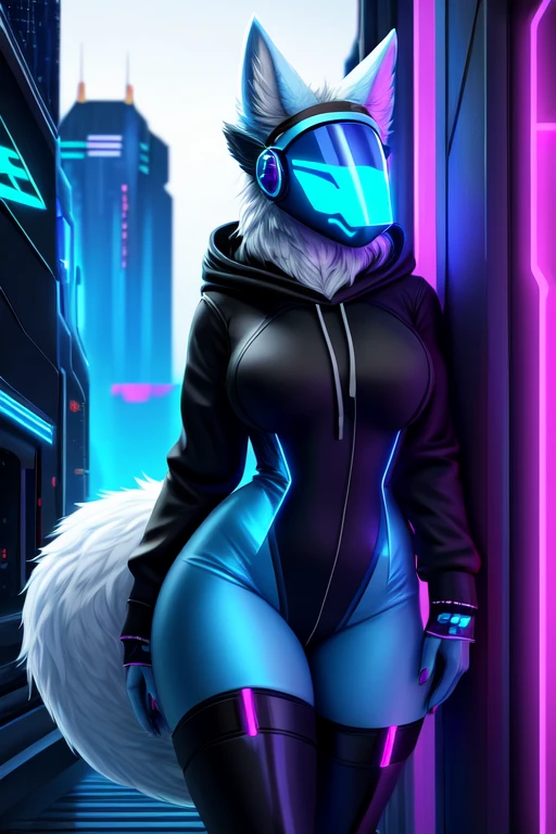 8k, 4k, Detailed, High quality, furry, female, mature female, cyberpunk, arctic protogen, long visor, blue visor, fluffy tail, sexy body, futuristic sexy assasin, intimate blue bodysuit, black hoodie