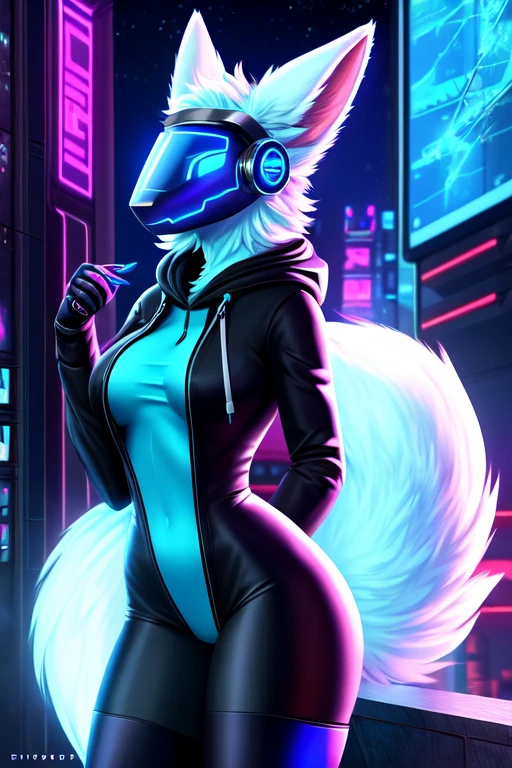 8k, 4k, Detailed, High quality, furry, female, mature female, cyberpunk, arctic protogen, long visor, blue visor, fluffy tail, sexy body, futuristic sexy assasin, intimate blue bodysuit, black hoodie