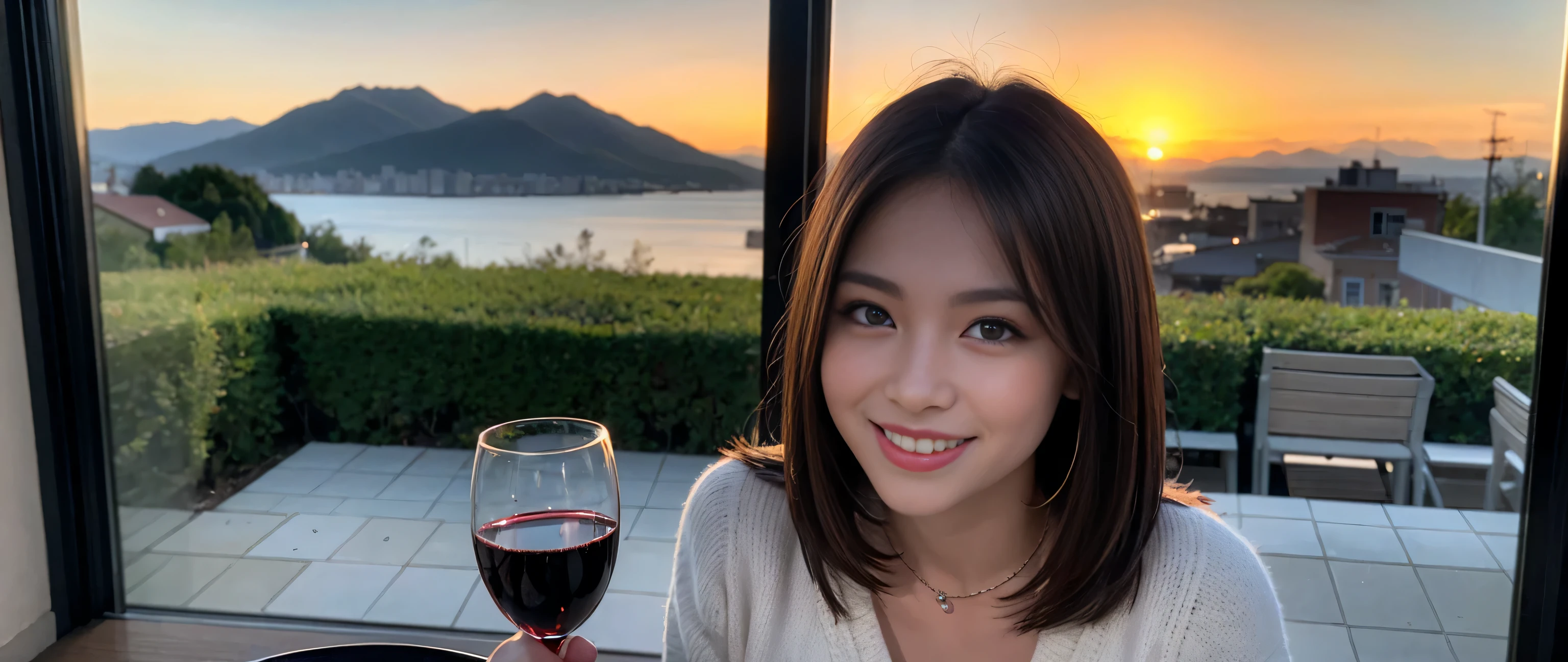 ((highest quality、8k、masterpiece:1.3))、Sharp focus:1.2、Beautiful woman perfect body:1.4、Slim body、((Bob Hale、Straight hair:1.2))、(to be born, highest quality, masterpiece:1.5), (Realistic, Intricate details:1.2), Ultra-high resolution, Spectacular view of the sunset sky and clouds、Amazing mountain views、shine a light on your face、A bright smile、wine glass、red wine 、Appetizer、Italian food、Wine bottle、Champagne、sparkling wine、, Beautiful Face, blue eyes, The light shines on your face, Blushing, short hair,Bright Face、Fox face、 (36 years old), 39 years old, Lady、Two beauties、Brown Hair、Shortcuts、Long sleeve shirt、dress、Pretty Woman 1, (slim face), (The body is slim), (Brown Hair), (Shortcuts), cheeks turn a little red,Attractive beauty、, Out of the window, A beautiful and detailed night view unfolds.........., restaurant, In a prominent place (From the waist up) Nova Frog Style, actress, model, Upper Body, White wine, slim, wine glass, A wine glass placed in the middle, smile, (smile: 1.15), Beautiful fine grain, Depth f/2,saturation, High Contrast, Strong light and shadow,Moist Body:1.5、3D texture、Delicate eyes、Brown Hair、The hair is very shiny、