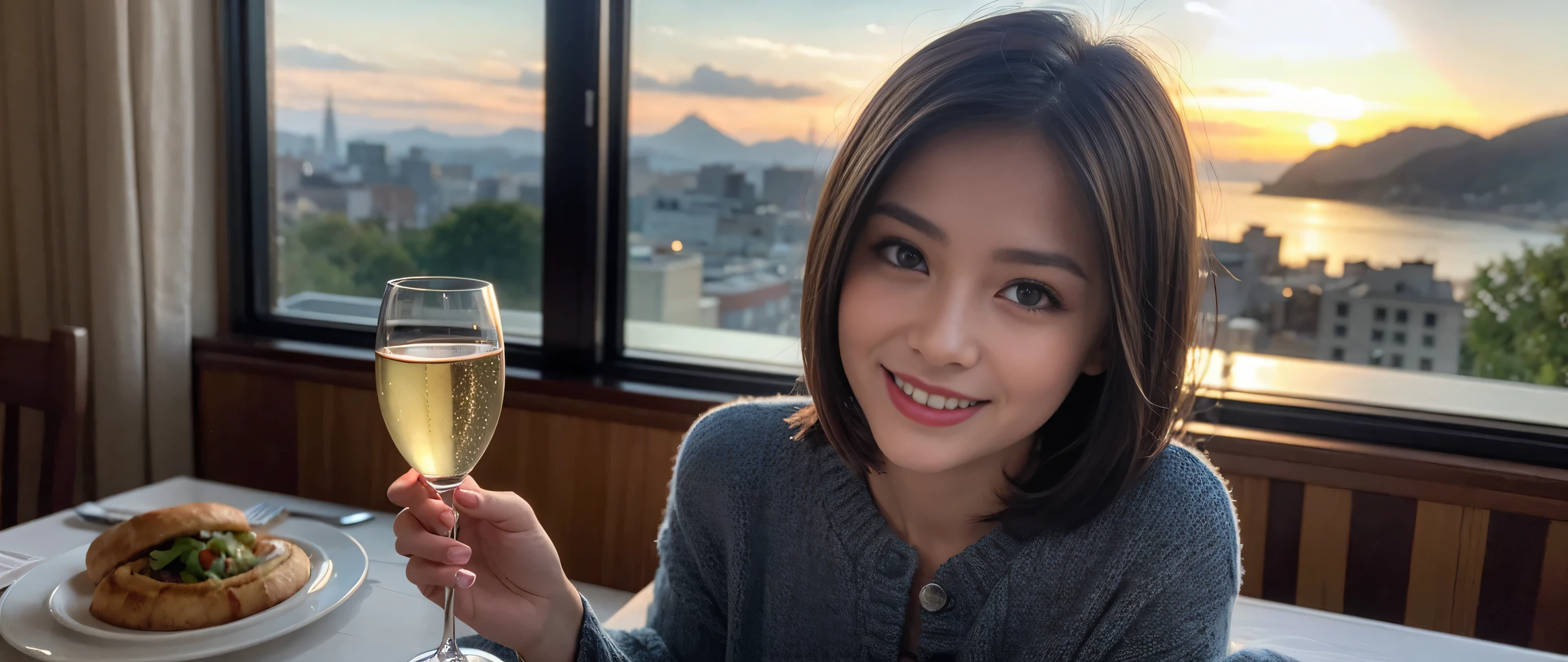 ((highest quality、8k、masterpiece:1.3))、Sharp focus:1.2、Beautiful woman perfect body:1.4、Slim body、((Bob Hale、Straight hair:1.2))、(to be born, highest quality, masterpiece:1.5), (Realistic, Intricate details:1.2), Ultra-high resolution, Spectacular view of the sunset sky and clouds、Amazing mountain views、shine a light on your face、A bright smile、wine glass、red wine 、Appetizer、Italian food、Wine bottle、Champagne、sparkling wine、, Beautiful Face, blue eyes, The light shines on your face, Blushing, short hair,Bright Face、Fox face、 (36 years old), 39 years old, Lady、Two beauties、Brown Hair、Shortcuts、Long sleeve shirt、dress、Pretty Woman 1, (slim face), (The body is slim), (Brown Hair), (Shortcuts), cheeks turn a little red,Attractive beauty、, Out of the window, A beautiful and detailed night view unfolds.........., restaurant, In a prominent place (From the waist up) Nova Frog Style, actress, model, Upper Body, White wine, slim, wine glass, A wine glass placed in the middle, smile, (smile: 1.15), Beautiful fine grain, Depth f/2,saturation, High Contrast, Strong light and shadow,Moist Body:1.5、3D texture、Delicate eyes、Brown Hair、The hair is very shiny、