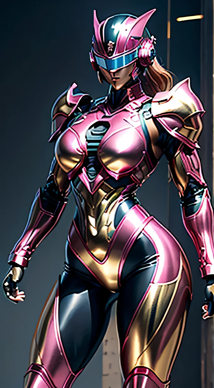 Female Robocop Solo、Bright outdoors、strong light source、8K, high quality, masterpiece, 最high quality、Very detailed、Armor that completely covers the whole body、very large armor、Helmet covering the head、Clear photos、The eyes are hidden by thin, straight goggles:1.3、The lower half of the face is flesh:1.5、Face exposed from nose down:5.0、Luscious lips、Fluorescent pink metallic armor with thin gold lines、Armor that completely covers the chest、Long, slender legs、Vibrant posel body view,Big and ample breasts:1.5, (Sports Body:1.5)、Five Fingers、Photos in the city