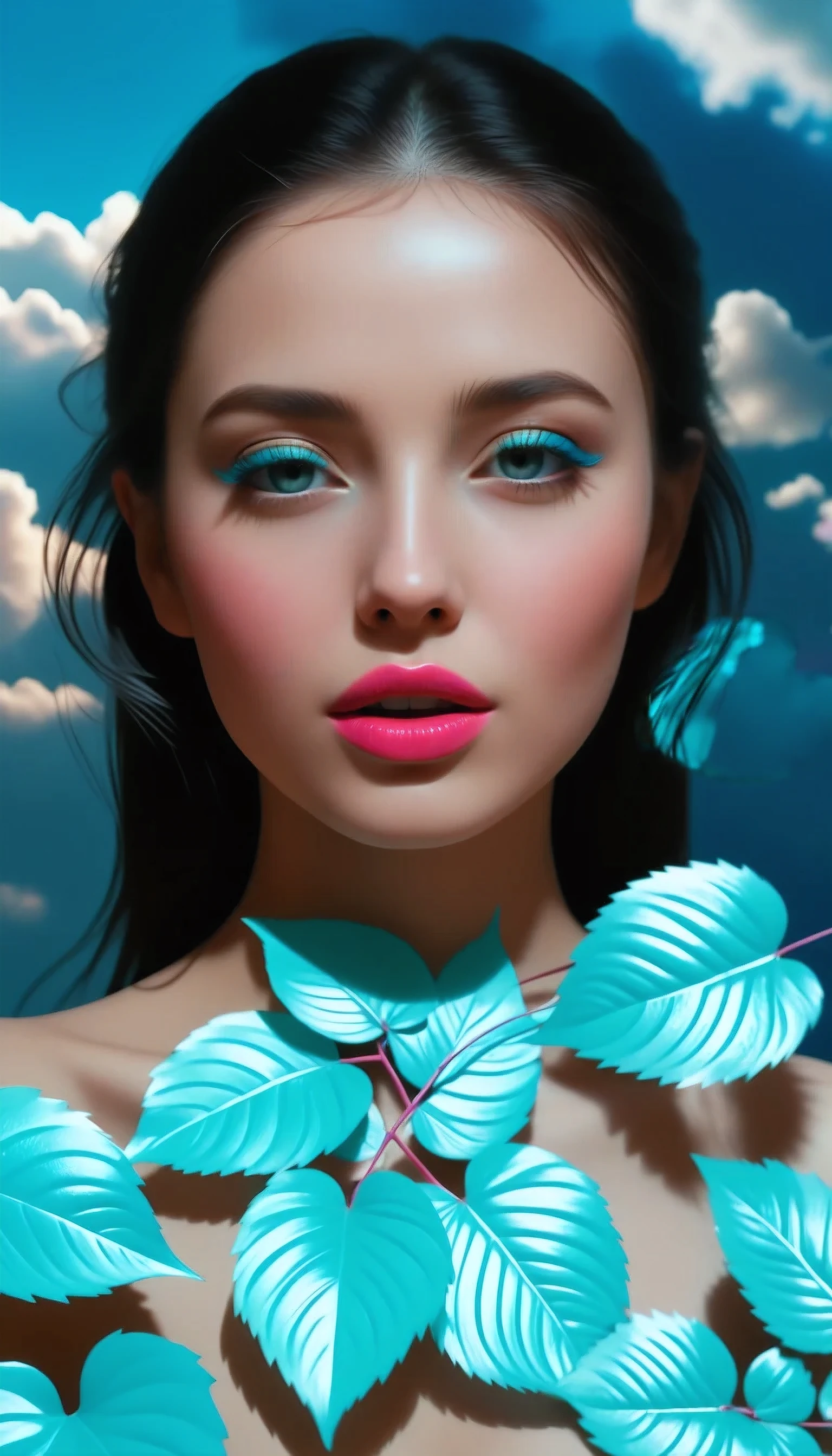There is a beautiful natural scenery in the picture. sky, cloud, Natural leaves falling in the air light, pink petals, This painting is a masterpiece, It has the best quality. The background consists of a highly detailed CG Unity 8K wallpaper., The quality of the illustrations is also top notch.. also, The shadows are also of the highest quality.. This work perfectly captures the beauty of nature., Colors and lighting are also expressed in great detail.. The lips shine with heavy aquamarine blue makeup and glossy dark pink lipstick.. (best quality,4k,8k,highres,masterpiece:1.2),ultra-detailed,(realistic,photorealistic,photo-realistic:1.37),natural,sky,clouds,falling leaves and petals in the light of the air.