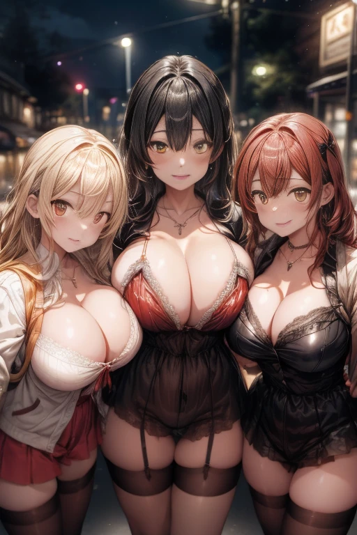 Three Girls, length, Electric guitar, focus, (Depth of written boundary, Ambient Lighting, band、Blurred foreground, Blurred Background:1.3), atmosphere, Flares of light, Intricate details, Enhanced lighting、smile、On stage with the audience、Portrait、Yellow Jacket、Black shorts、Camel Toe、Giant tit、Nipple Puffs、Cleavage、Plump、Super big breasts、Super big butt、Cowboy Shot、Earrings、Earrings、necklace、Thick lips、Heterochromia、Bracelet、Caster wheel、first round、Hair Charm、Lip gloss、fiery hair、Burning Eyes、