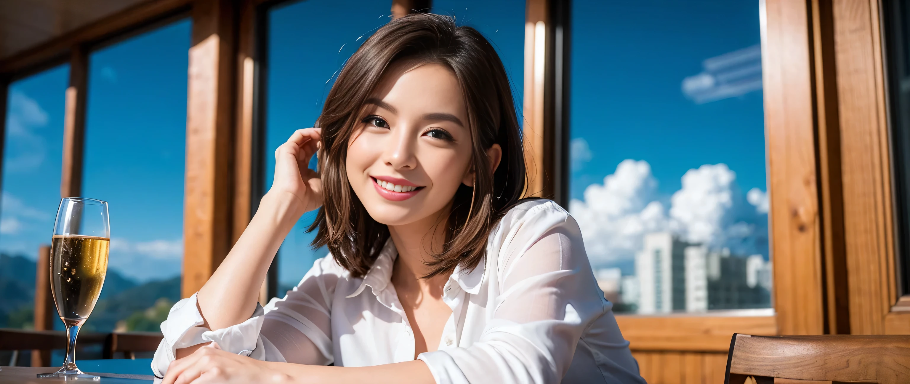 ((highest quality、8K、masterpiece:1.3))、Beautiful woman perfect body:1.4、slimなボディ、((Bob Hale、straight hair:1.2))、 ultra high resolution, bright image、2. The beauty of wine, beautiful face, blue eyes, fine eyes, light shines on your face, blush your nose, short hair,Spectacular view of the sunset sky and clouds、Amazing mountain views、ニコニコ明るいsmile、smileの素敵な女性、bright face、Fox face、lady、Champagne、Wine bottle、wine glass、red wine 、Appetizer、Italian food、Two beauties、brown hair、shortcut、long sleeve shirt、winter fashion、dress、Wine bottle、sparkling wine、Pretty Woman 1, (slimな顔), (brown hair), (shortcut), cheeks turn a little red, (42 years old), 39 years old, charming beauty、restaurant, nova frog style, actress, model, Upper body, White wine, slim, wine glass, 真ん中に置かれたwine glass, smile, (smile: 1.15), 綺麗なfine eyes, Strong light and shadow,moist body:1.5、delicate eyes、brown hair、The hair is very shiny、
