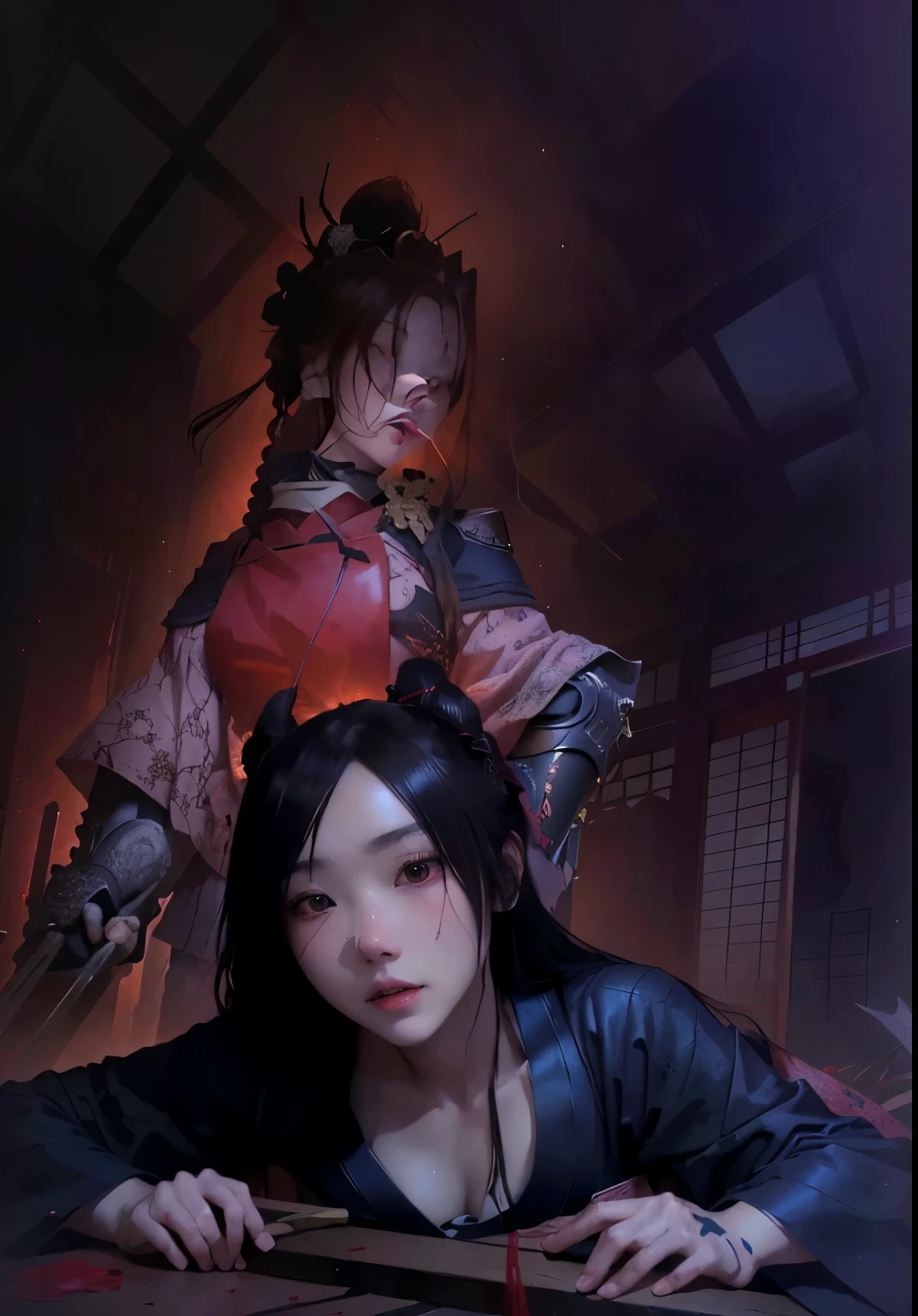 anime scene of a woman with a bloody face and a demon in the background, traditional japanese concept art, rob rey and kentarõ miura, rob rey and kentaro miura style, masayoshi suto and artgerm, ruan jia and joao ruas, inspired by Kanō Hōgai, inspired by Kanō Sanraku