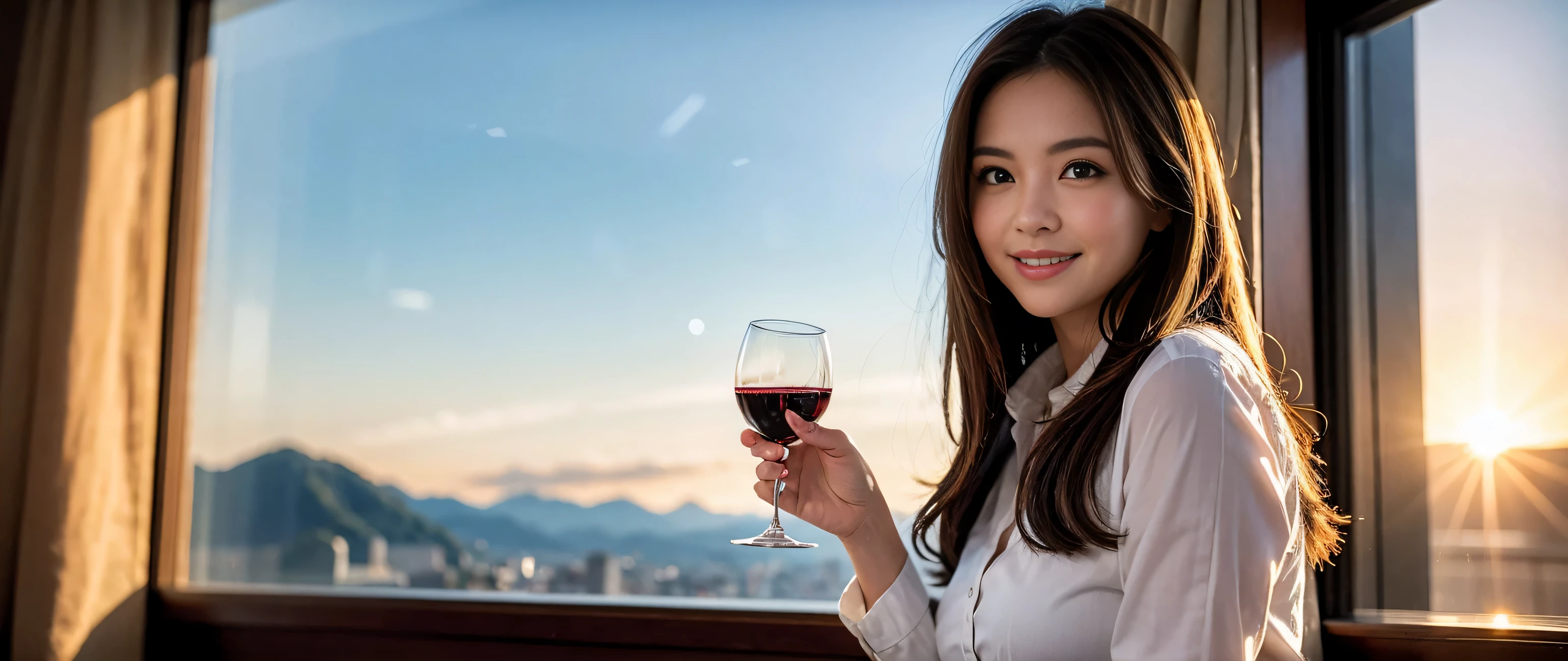 ((highest quality、8k、masterpiece:1.3))、Sharp focus:1.2、Beautiful woman perfect body:1.4、Slim body、((Bob Hale、Straight hair:1.2))、(to be born, highest quality, masterpiece:1.5), (Realistic, Intricate details:1.2), Ultra-high resolution, Lighting the face、Spectacular view of the sunset sky and clouds、Amazing mountain views、A bright smile、wine glass、red wine 、Appetizer、Italian food、Wine bottle、Champagne、sparkling wine、, Beautiful Face, blue eyes, The light shines on your face, Blushing, short hair,Bright Face、Fox face、 (42 years old), 40 years old, Lady、Two beauties、Brown Hair、Shortcuts、Long sleeve shirt、dress、Pretty Woman 1, (slim face), (The body is slim), (Brown Hair), (Shortcuts), cheeks turn a little red,Attractive beauty、, Out of the window, A beautiful and detailed night view unfolds.........., restaurant, In a prominent place (From the waist up) Nova Frog Style, actress, model, Upper Body, White wine, slim, wine glass, A wine glass placed in the middle, smile, (smile: 1.15), Beautiful fine grain, Depth f/2,saturation, High Contrast, Strong light and shadow,Moist Body:1.5、3D texture、Delicate eyes、Brown Hair、The hair is very shiny、