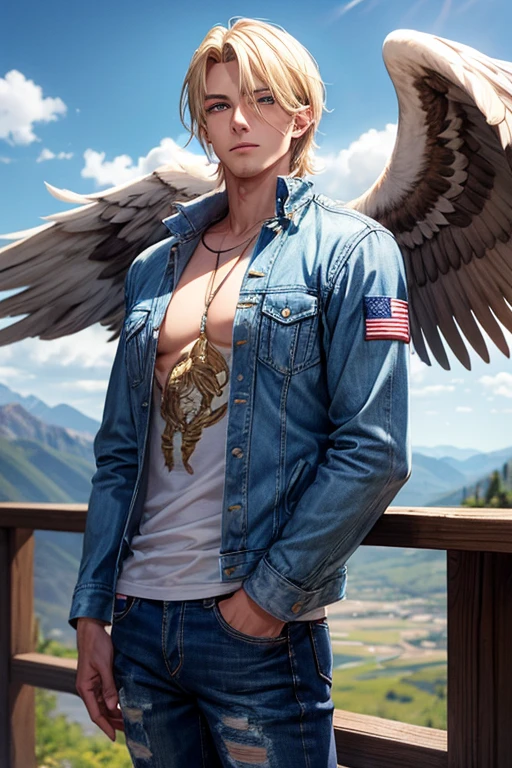 Man with blond hair, slim muscular complexion with large brown eagle wings, blue eyes, wearing an open denim jacket, shirt with the print of the USA flag, blue jeans, looking straight at the viewer, mountain background