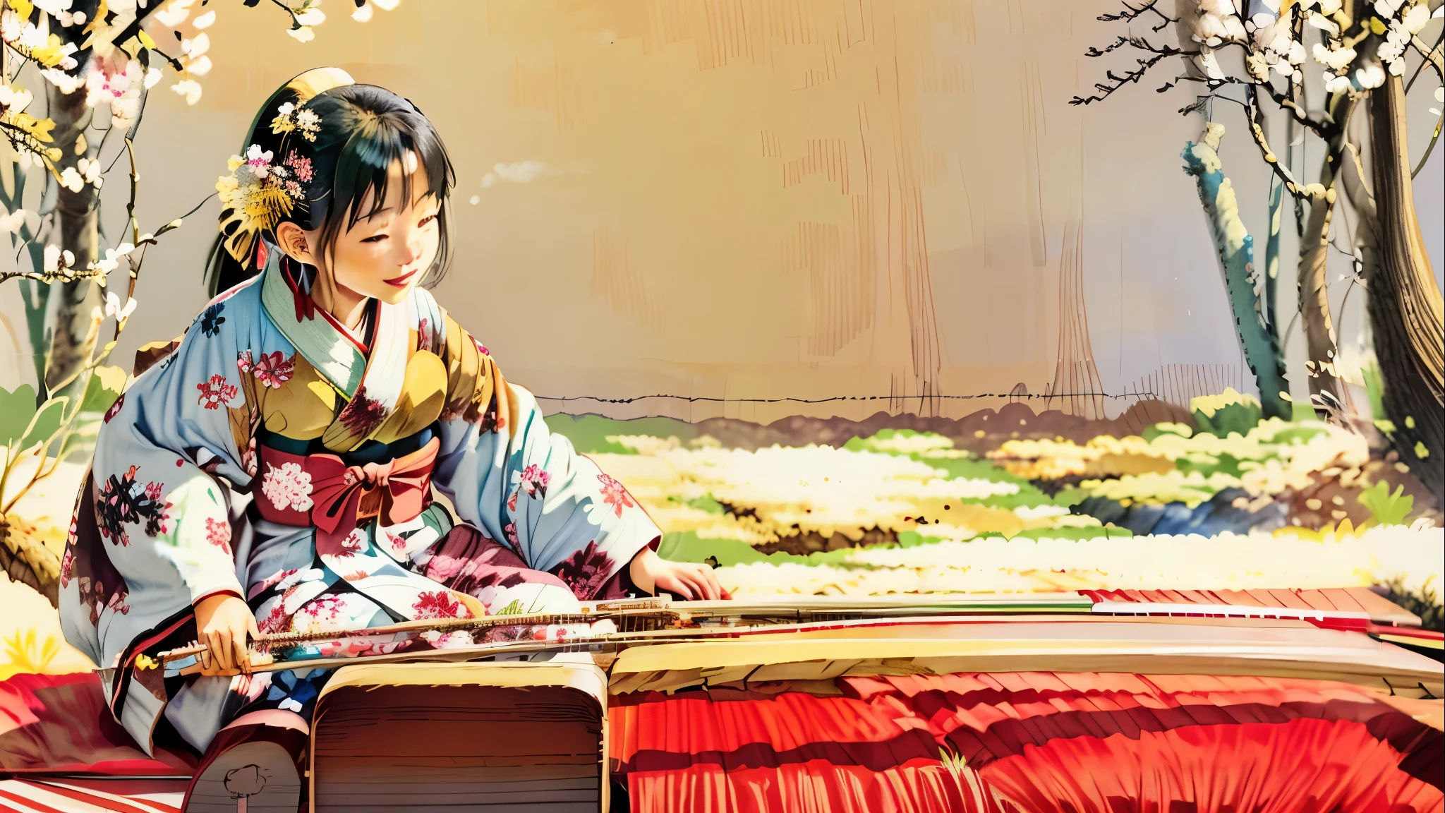 Traditional Japanese Instruments、Girl playing the koto、Smile、There is a small stream running behind、There is a small bridge over the stream、Girl in kimono、A girl playing the koto on a red carpet