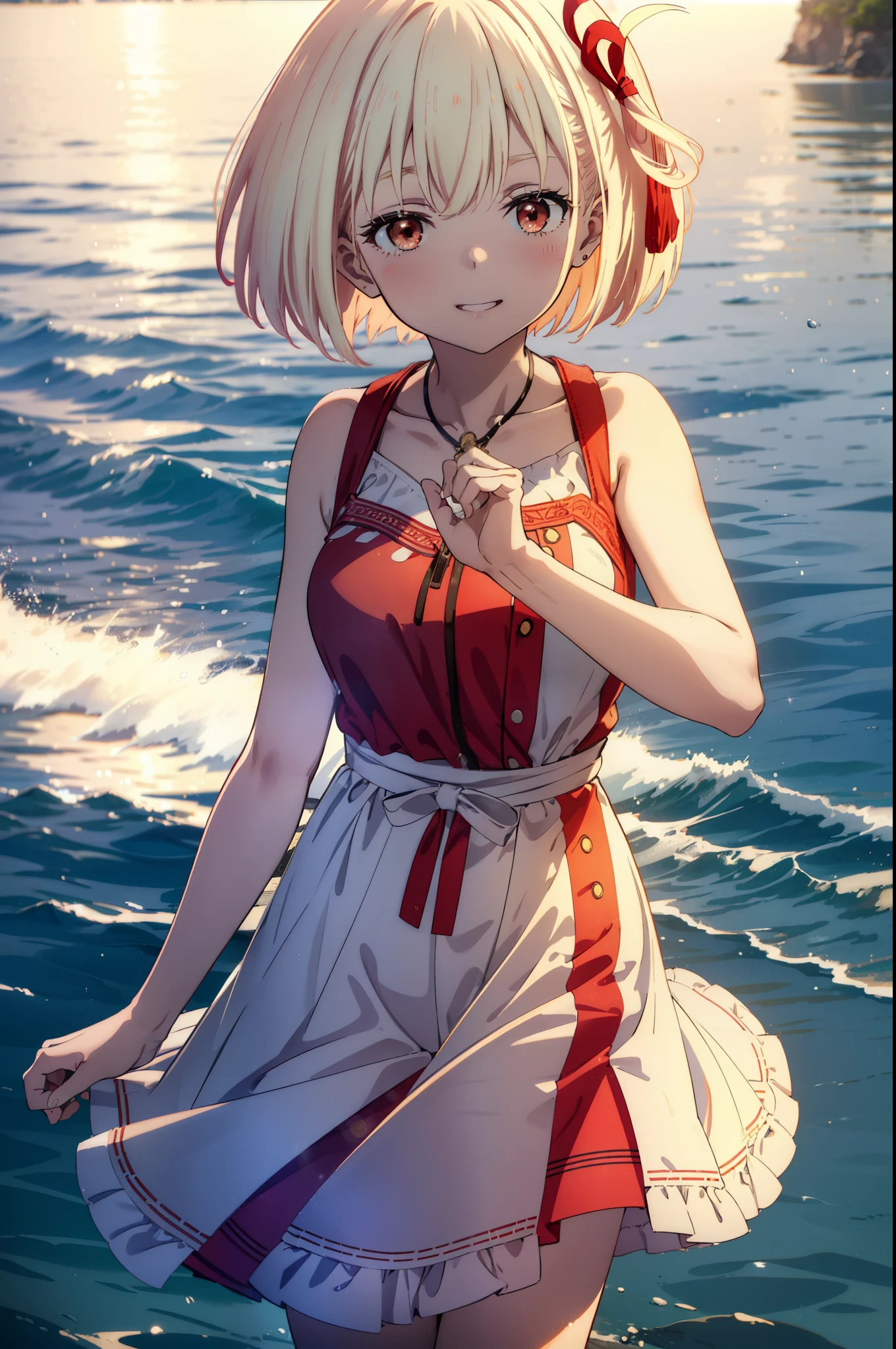 chisatonishikigi, Chisato Nishikigi, Short Hair, bangs, blonde,Bobcut, White hat(Red eyes:1.5),  Hair Ribbon,One side up,happy smile, smile, Open your mouth,smile,blush,Red sleeveless dress,White long skirt,Bare arms,Rocket Pendant,Cute Sandals,real summer,sunny,It&#39;s as if your whole body is in the illustration., break outdoors, Coastal Road, break looking at viewer, (Cowboy Shot:1.5), break (masterpiece:1.2), highest quality, High resolution, unity 8k wallpaper, (shape:0.8), (Beautiful details:1.6), Highly detailed face, Perfect lighting, Highly detailed CG, (Perfect hands, Perfect Anatomy),