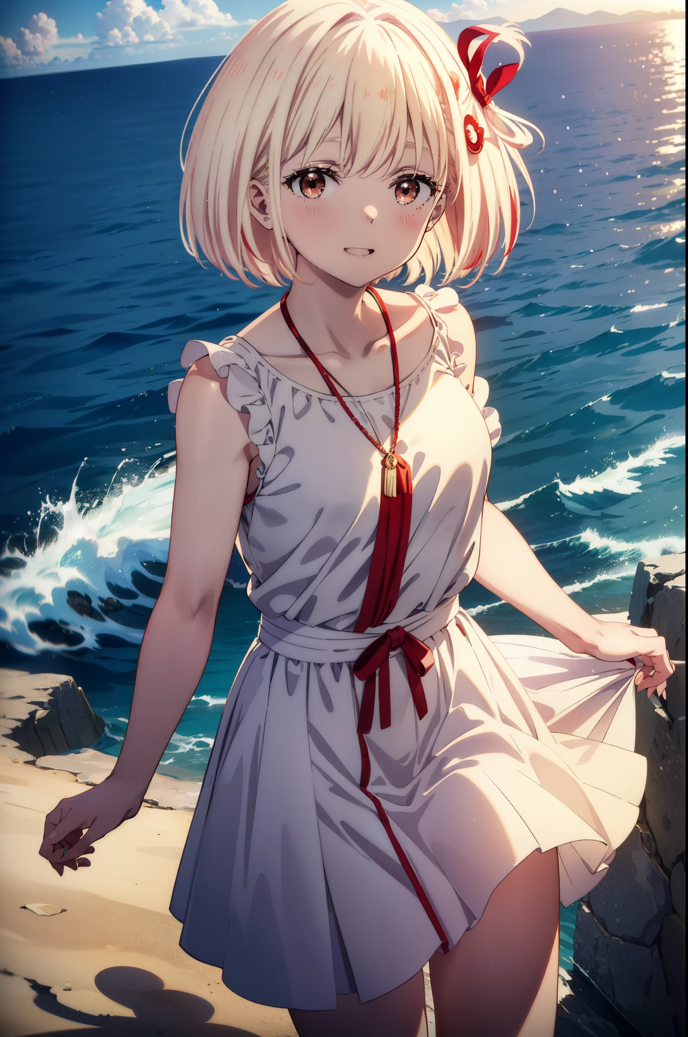 chisatonishikigi, Chisato Nishikigi, Short Hair, bangs, blonde,Bobcut, White hat(Red eyes:1.5),  Hair Ribbon,One side up,happy smile, smile, Open your mouth,smile,blush,Red sleeveless dress,White long skirt,Bare arms,Rocket Pendant,Cute Sandals,real summer,sunny,It&#39;s as if your whole body is in the illustration., break outdoors, Coastal Road, break looking at viewer, (Cowboy Shot:1.5), break (masterpiece:1.2), highest quality, High resolution, unity 8k wallpaper, (shape:0.8), (Beautiful details:1.6), Highly detailed face, Perfect lighting, Highly detailed CG, (Perfect hands, Perfect Anatomy),