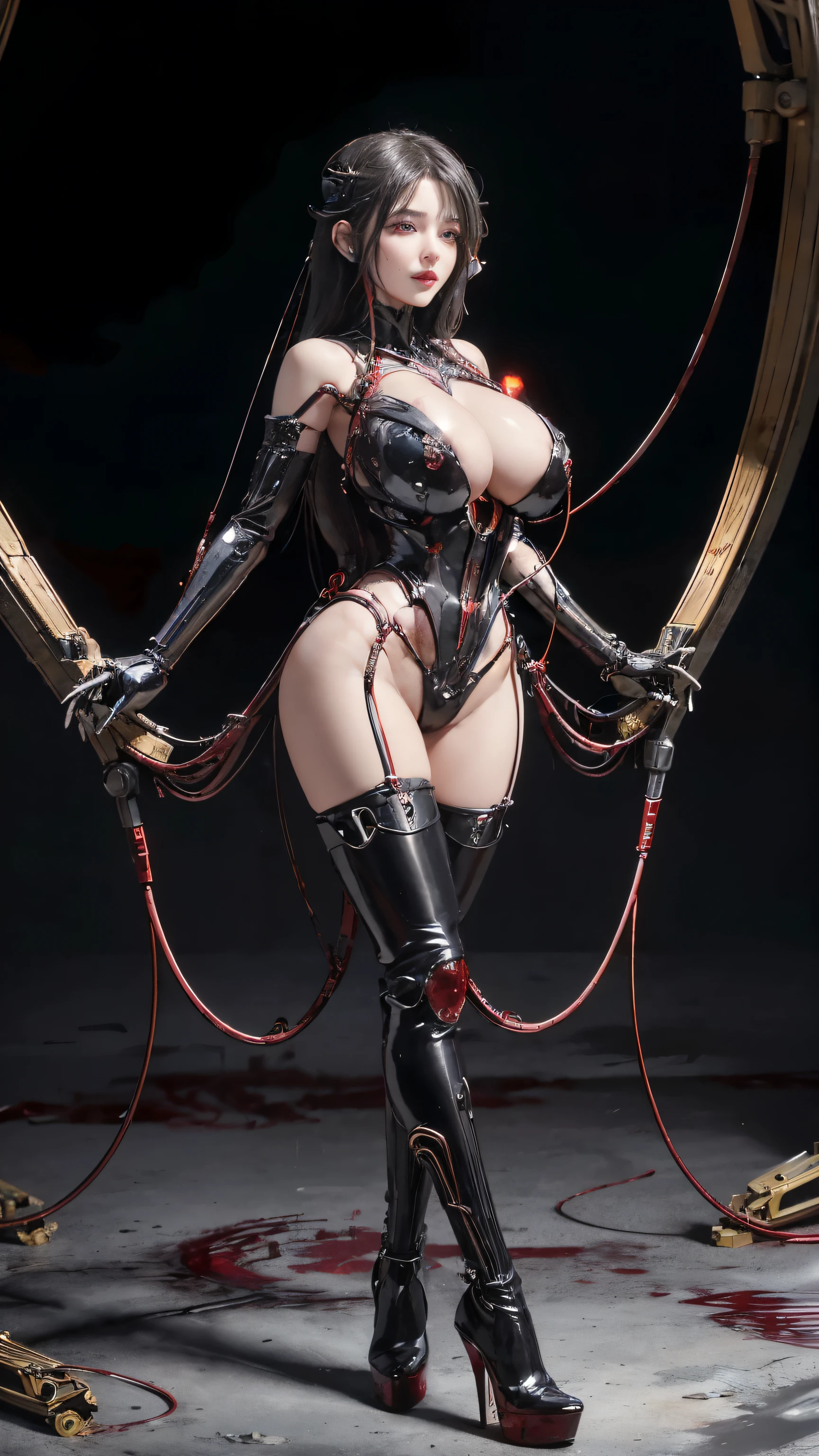 (((Masterpiece))), ((Best Quality)), (Super Detail), (CG Illustration), (Very Evil and Beautiful)), Cinematic Light, ((1 Mechanical Girl)), Single, (Mechanical Art: 1.4), ((Mechanical limb)), (Blood vessel attached to a tube), ((Mechanical spine attached to the back)), ((Mechanical cervical vertebrae attached to the neck), expressionless, ( Wires and cables attached to the head and body: 1.5), Science Fiction, Apocalypse, Ruins, (Lower Body Integrated with Mechanical Devices), (Blood: 1.5), Cruelty, Absurdity, Eroticism, Fusion with Machines, Doomsday Time, Super Future, Inorganic, Laboratory, Restraint, (Beautiful Indulgence: 1.2), (1 Girl: 1.1), Body Wrapped Around Mechanical Tentacles, wearing a black robot mask, ((big boobies )), long black hair, (((EROTIC))), ((make up)), (((fullbody))), ((high heels boots)), (detailed face)