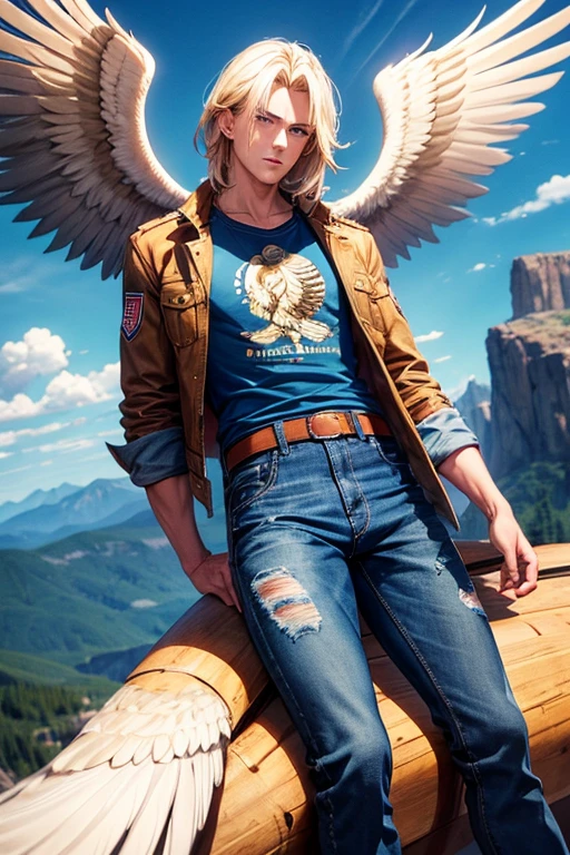 Man with blond hair, slim muscular complexion with large brown eagle wings, blue eyes, wearing an open denim jacket, shirt with the print of the USA flag, blue jeans, looking straight at the viewer, mountain background 