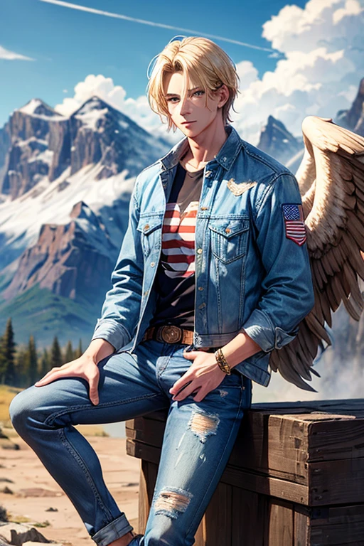 Man with blond hair, slim muscular complexion with large brown eagle wings, blue eyes, wearing an open denim jacket, shirt with the print of the USA flag, blue jeans, looking straight at the viewer, mountain background 