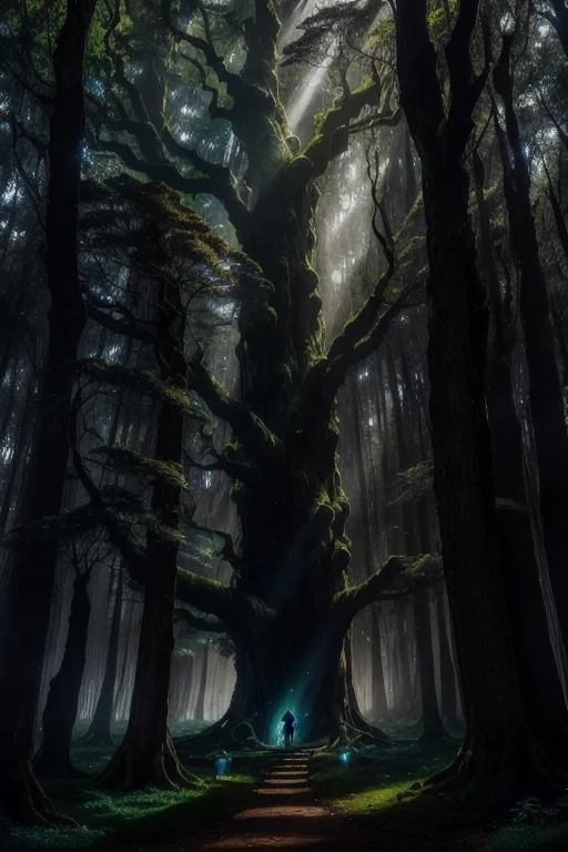 Imagine a captivating scene of a towering ancient tree, standing solitarily in the heart of a mystical forest during the tranquil night. The tree's massive trunk, adorned with intricate bark patterns, reaches up towards the boundless, clear night sky, its mighty branches stretching out like protective arms. The lush canopy of the tree glows softly with the ethereal light of the moon, casting gentle, dancing shadows on the forest floor below.
The cool, crisp air is filled with the fresh scent of earth and foliage, as the leaves shimmer with iridescent particles that catch the light rays filtering through the forest. The forest floor is blank