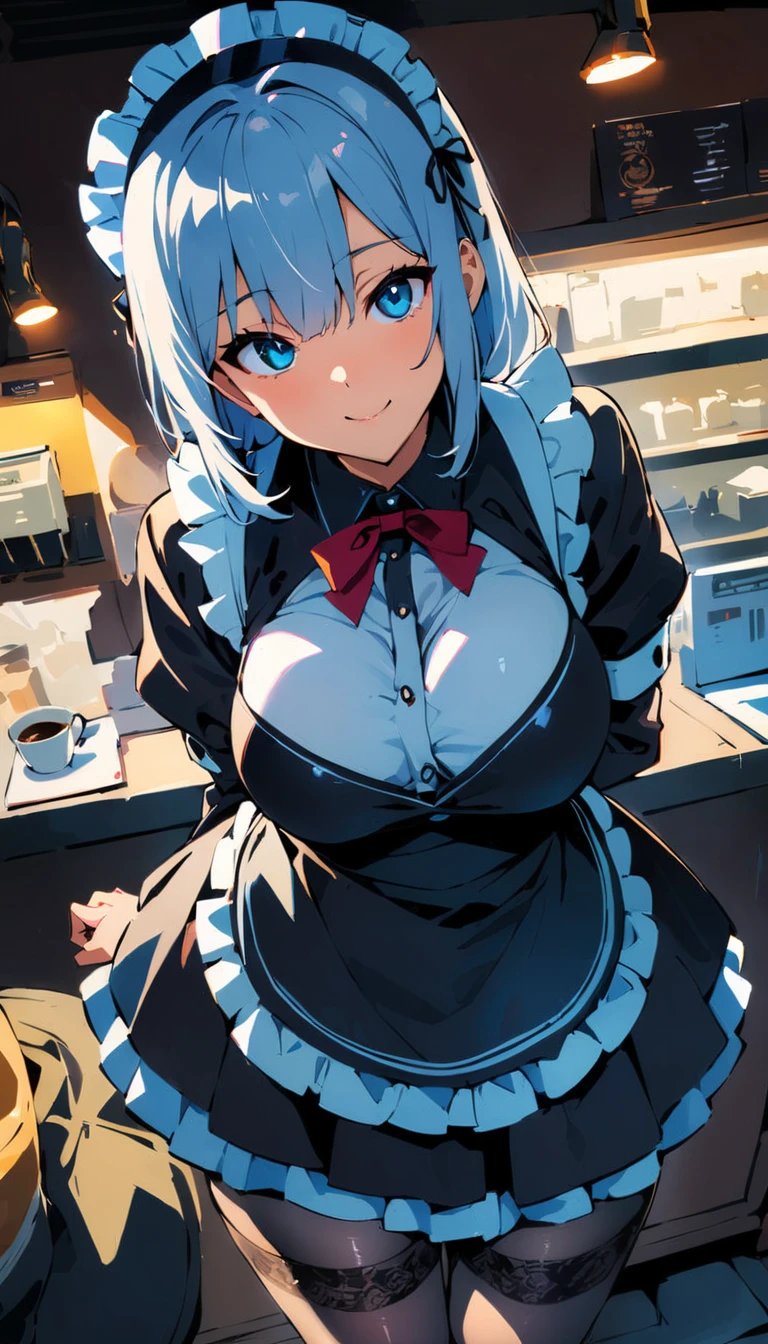 (high quality, 8k, 4K, High Contrast, masterpiece:1.2, 最high quality, Best aesthetics), , Maid, Very detailed, Seductive and erotic girl with lace headdress, smile, (Normal milk, Silver fur), Focus on the face, Focus on the face, Complex eyes, tights, laced tights, coffee shop, Ground angle shot, Viewers looking up, feet in tights, Open-chested clothing