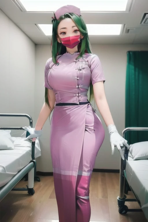 1woman, solo, nurse, nurse cap, white wear, ((red legwear, zettai ryouiki)), white gloves, forehead, long hair, green hair, pink eyes, ((white surgical mask, covered nose)), standing, ((hospital room)), sharp outline, short sleeves, mature female, 20 years old, best quality, masterpiece