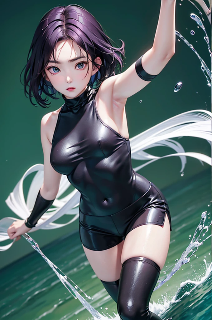 (Finest quality)),(A high resolution),(ultra-detailled art),(Meticulous portrayal),((Best Anime)),(Finest works of art),sharpness,Clear,Ultra-Precision Art,The art of astounding depiction, (Female Ninja in the Dark:1.3),
short Hair,
purple hair, vibrant purple hair, extremely detailed hair, bangs,
pretty eyes,
beautiful eyes, detailed eyes, perfect eyes, green eyes,
pretty face,
beautiful lips, soft lips,pretty face, close up face, korean girl, korean beauty, irene, red velvet irene,serious face,
pretty nose,
beautiful nose,
clear skin,
clear skin, white skin, soft skin,
slim body,
small breasts, normal thighs, show navel,
ninja clothes,
ninja outfit, black outfit, black skirt, thigh-level skirt, safety shorts, cycling shorts, ninja shorts, long shorts, ninja armor, female ninja suit,reveal shoulders, show slight cleavage, black top, black thigh-high socks, arm sleeves,
fighting pose,
looking at camera, attack pose, fighting pose,
watery background,
green aura background, evening, green aurora, green glow, yellow glowing fist, water splash behind, waterbender, watery background, in water, big water waves, water element, green floating lights, water circling around the body
low angle,
looking down,