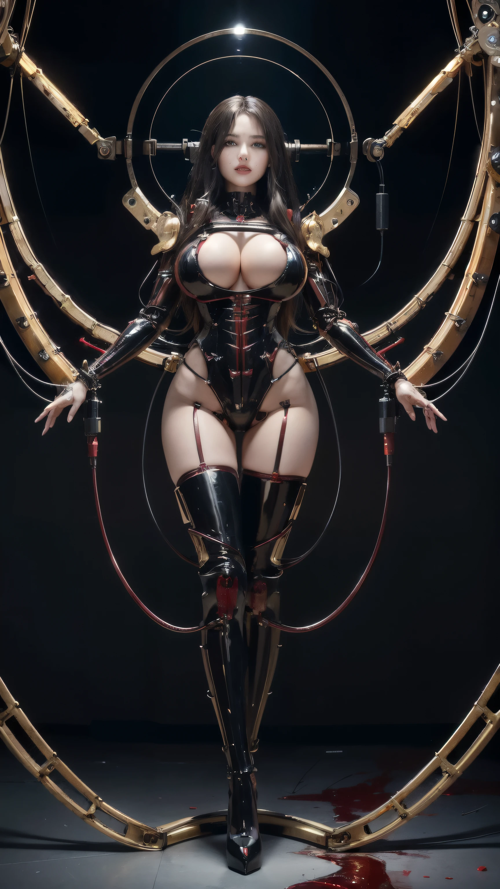 (((Masterpiece))), ((Best Quality)), (Super Detail), (CG Illustration), (Very Evil and Beautiful)), Cinematic Light, ((1 Mechanical Girl)), Single, (Mechanical Art: 1.4), ((Mechanical limb)), (Blood vessel attached to a tube), ((Mechanical spine attached to the back)), ((Mechanical cervical vertebrae attached to the neck), expressionless, ( Wires and cables attached to the head and body: 1.5), Science Fiction, Apocalypse, Ruins, (Lower Body Integrated with Mechanical Devices), (Blood: 1.5), Cruelty, Absurdity, Eroticism, Fusion with Machines, Doomsday Time, Super Future, Inorganic, Laboratory, Restraint, (Beautiful Indulgence: 1.2), (1 Girl: 1.1), Body Wrapped Around Mechanical Tentacles, wearing a black robot mask, ((big boobies )), long black hair, (((EROTIC))), ((make up)), (((fullbody))), ((high heels boots)), (detailed face)