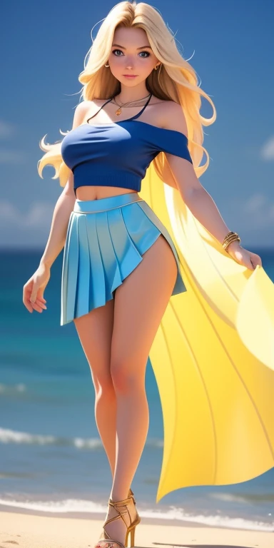 1girl in, 19, Solo, Long hair, Looking at Viewer, blonde hair, Bare shoulders, huge breasts, sexy, Blue eyes, jewely, Full body, a necklace, off shoulders, mini pleated skirt, crop top jumper