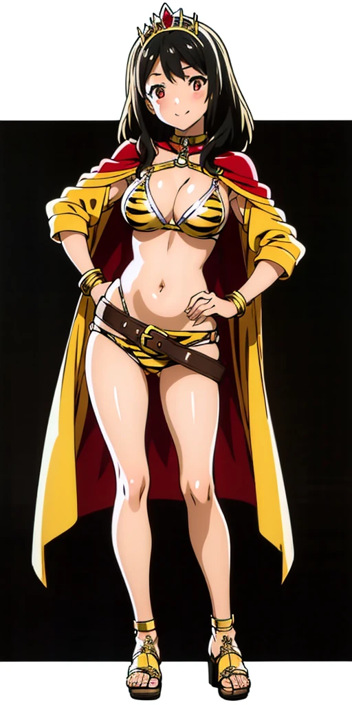 Full body, masterpiece, female drow elf purple skin standing pose (yellow tiger bikini), red cape, red bikini, long white hair, strong body, abs, Ultra Quality, Shiny Skin, Atmospheric, 8K, Cinematic, ((streaked hair, simple background, round eyewear, nd)), bracelet, sunglasses