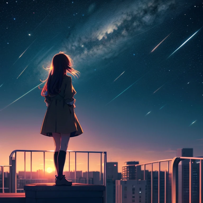 Anime girl standing on rooftop looking at stars and night sky, anime wallpaper 4k, anime wallpaper 4 k, 4k anime wallpaper, anime art wallpaper 8k, anime art wallpaper 4k, anime art wallpaper 4k, anime style 4k, makoto shinkai cyril rolando, 4k manga wallpaper, anime wallpaper, awesome wallpaper, shooting star