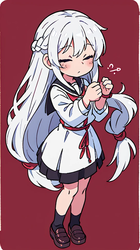 chibi, leather shoes, kawaii, close eyes, own hands together, 1 girl, full body, transparent background, white hair, long hair, rope braid, school, white shirt dress