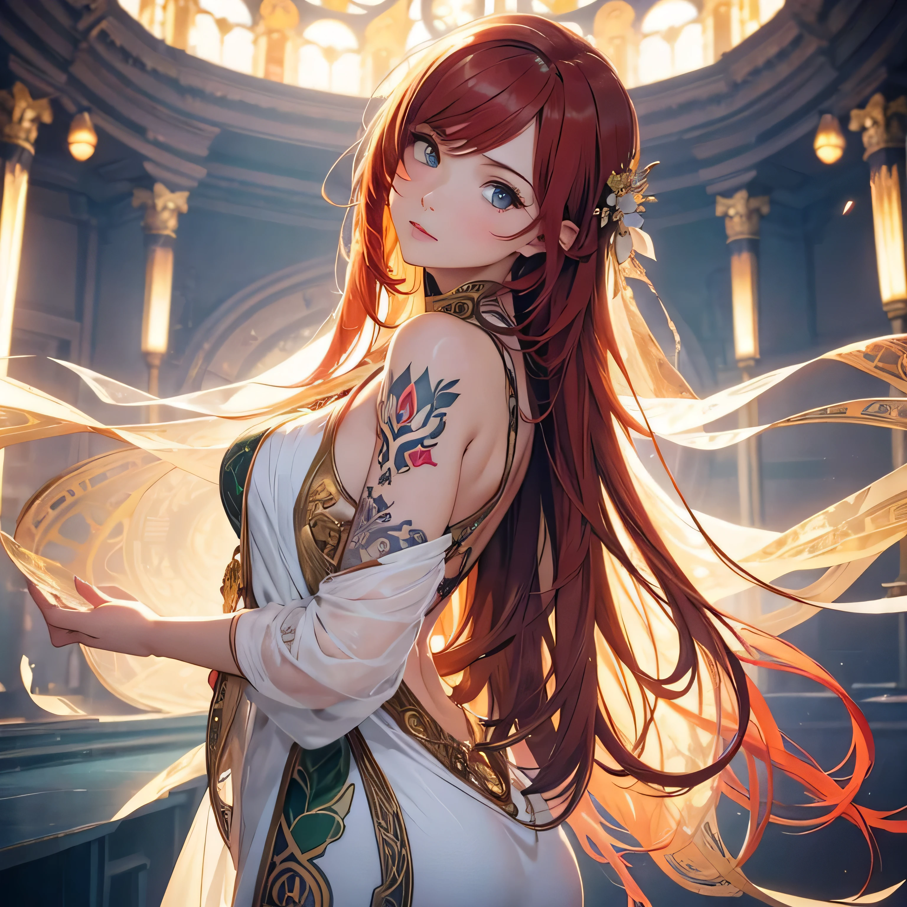 Style sticker, sticker with white edges, beautiful shiny sticker, beautiful, Tattoo vibes: I carry my passion stamped on my skin. Imagine a scene of a beautiful young woman, 25 years old, red hair with light highlights, with a tattoo on the skin, bright color, isometric background, blurred background of a tattoo studio, trending artstation, 8k, resolution qlta masterpiece, realistic photography, by Alphonse Mucha, by Wlop,