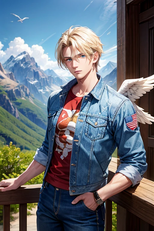 Man with blond hair, slim muscular complexion with large brown eagle wings, blue eyes, wearing an open denim jacket, shirt with the print of the USA flag, blue jeans, looking straight at the viewer, mountain background 
