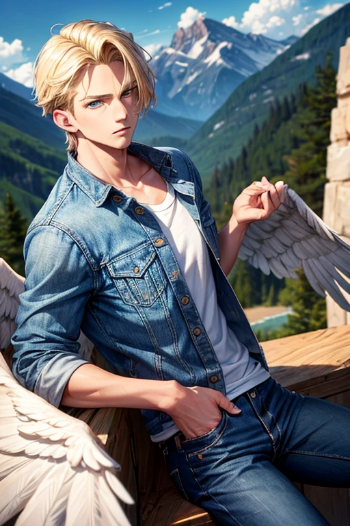 Man with blond hair, slim muscular complexion with large brown eagle wings, blue eyes, wearing an open denim jacket, shirt with the print of the USA flag, blue jeans, looking straight at the viewer, mountain background