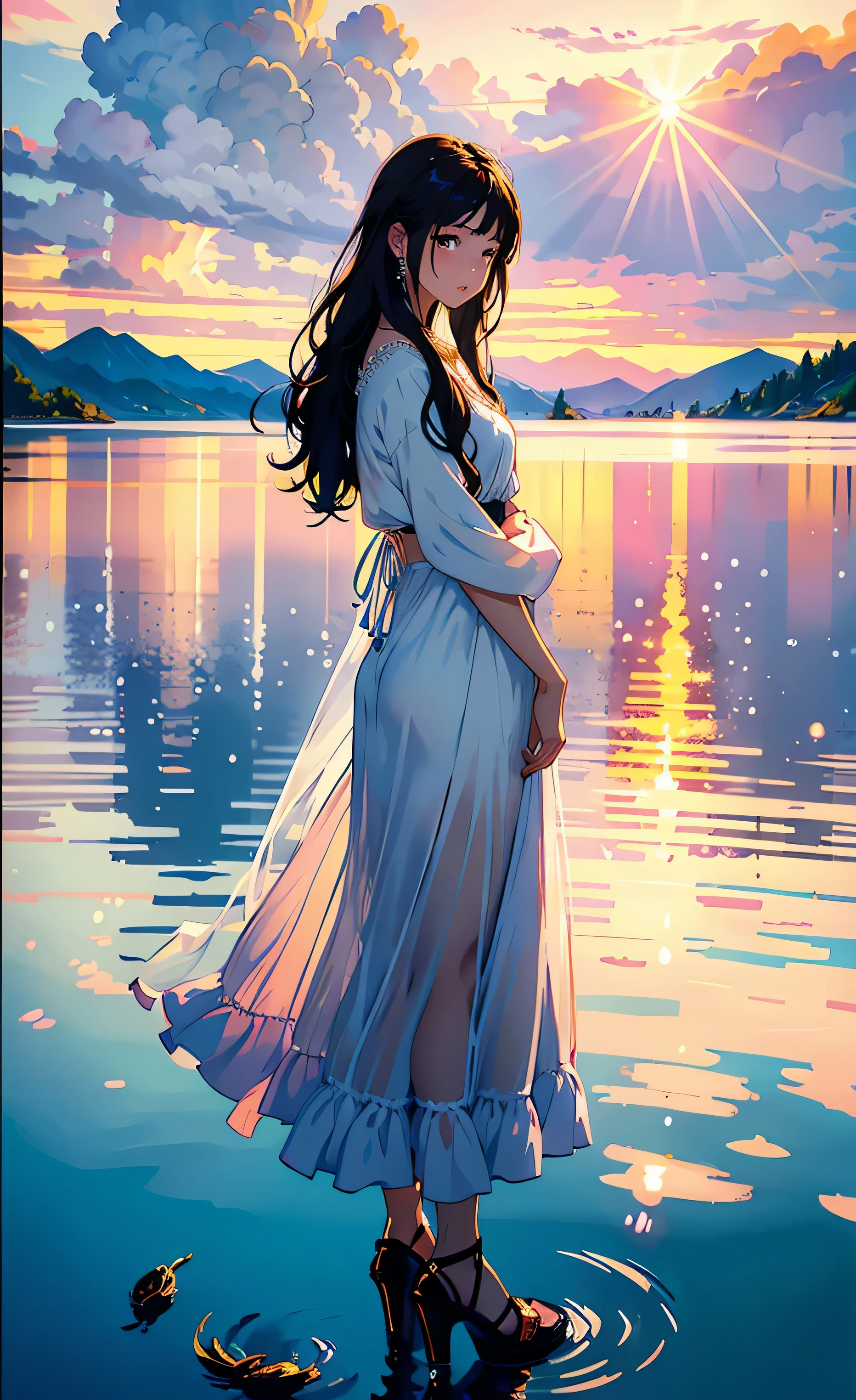 1 girl, serene expression, mesmerizing eyes, straight long hair, flowing dress, poised posture, porcelain skin, subtle blush, crystal pendant
BREAK
golden hour, (rim lighting):1.2, warm tones, sun flare, soft shadows, vibrant colors, painterly effect, dreamy atmosphere
BREAK
scenic lake, distant mountains, willow tree, calm water, reflection, sunlit clouds, peaceful ambiance, idyllic sunset, ultra detailed, official art, unity 8k wallpaper
, zentangle, mandala, wearing white heels, standing on heels , wearing white pantyhos